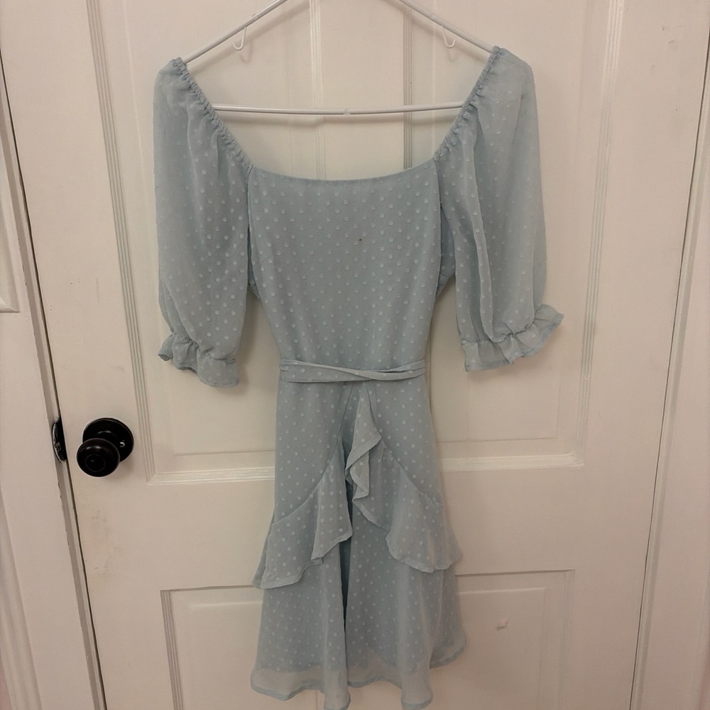 Francesca's Collections Light Blue Polka Dot Mini Dress